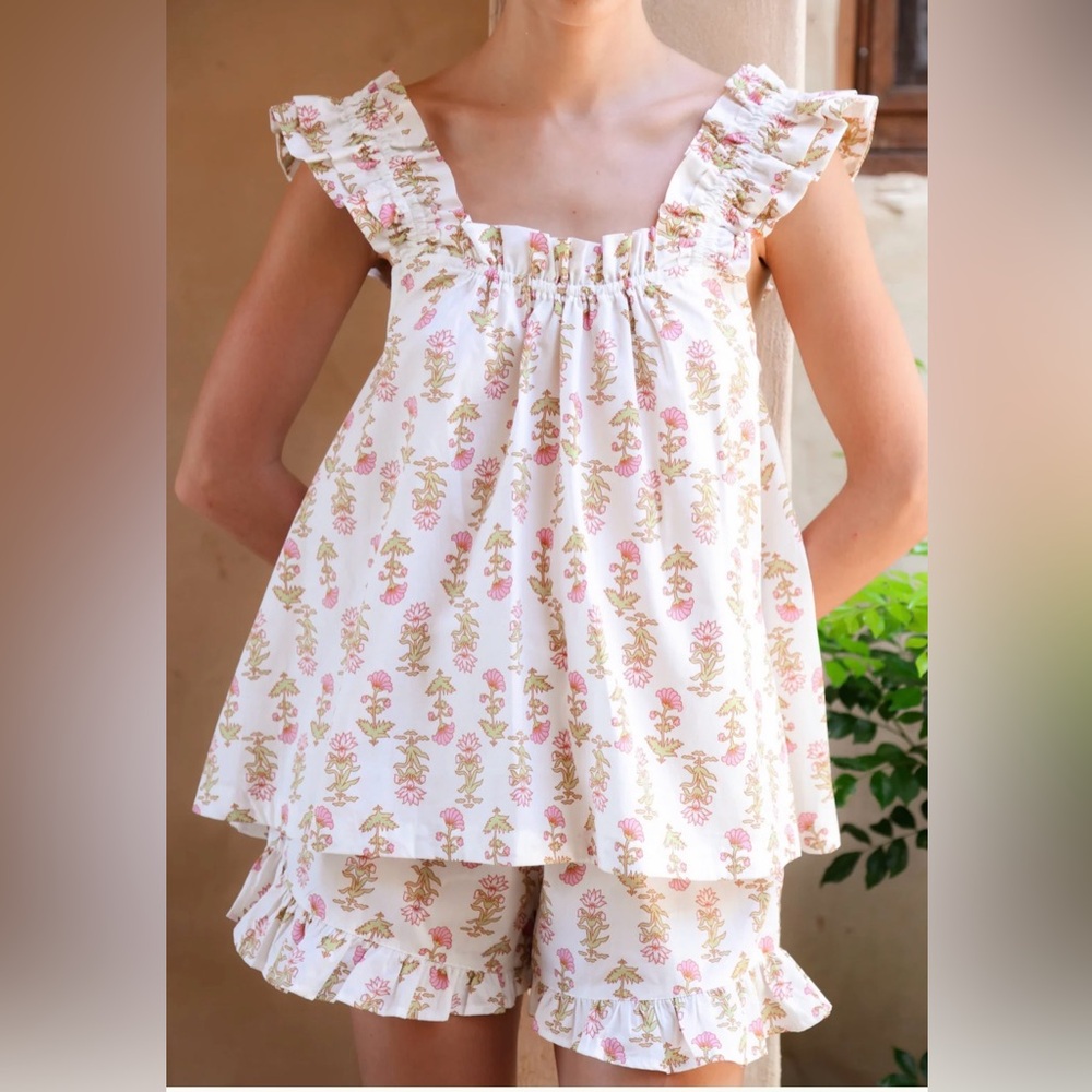 Women's Floral Ruffled Pajama Set - Pink & Cream